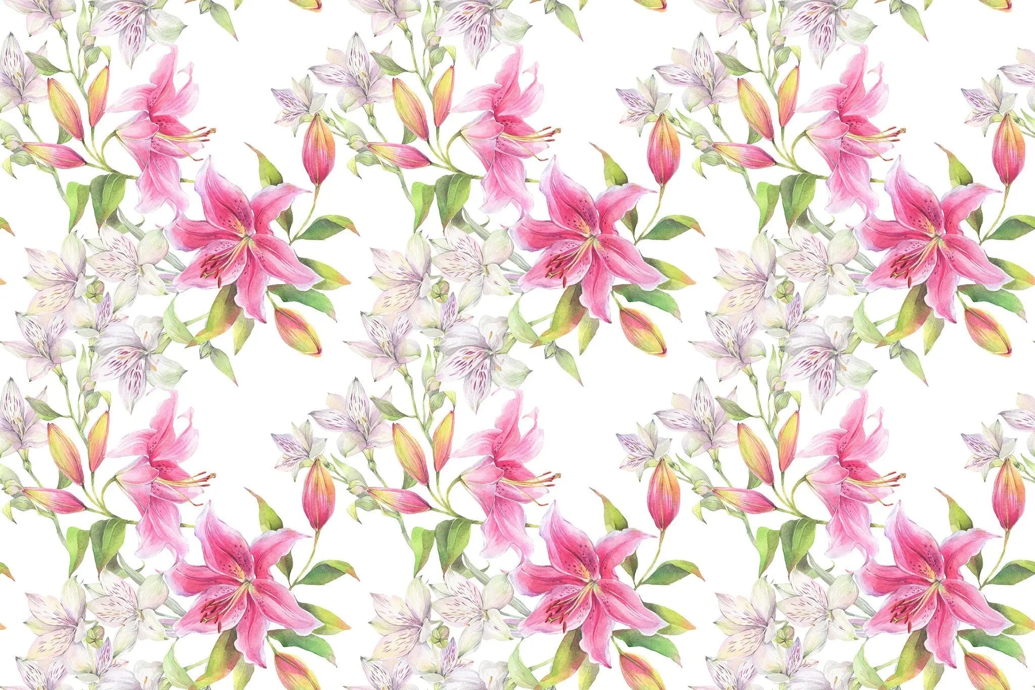 Tapet personalizat floral cu flori de crin roz pe un fundal alb pink lilies