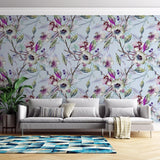 Tapet personalizat floral cu flori nocturne in nuante de mov pe un fundal albastru pal night flowers
