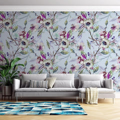 Tapet personalizat floral cu flori nocturne in nuante de mov pe un fundal albastru pal night flowers