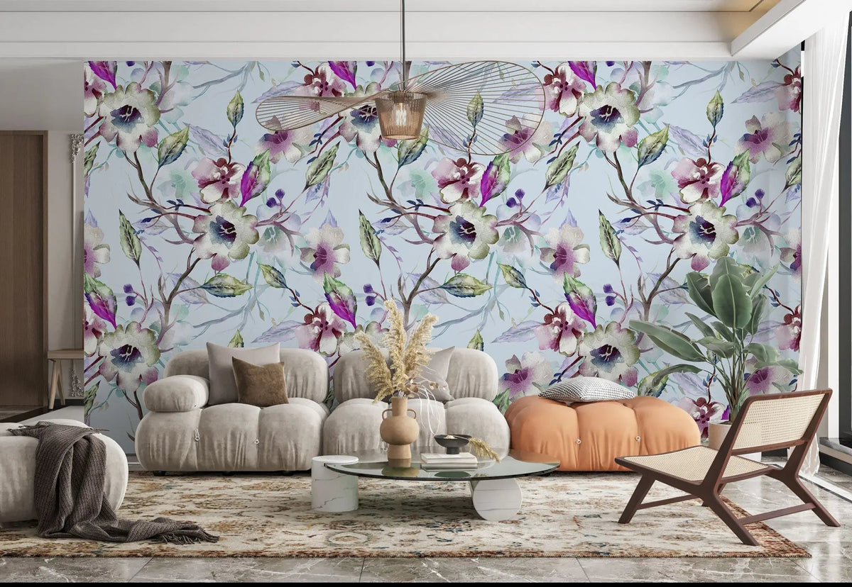 Tapet personalizat floral cu flori nocturne in nuante de mov pe un fundal albastru pal night flowers