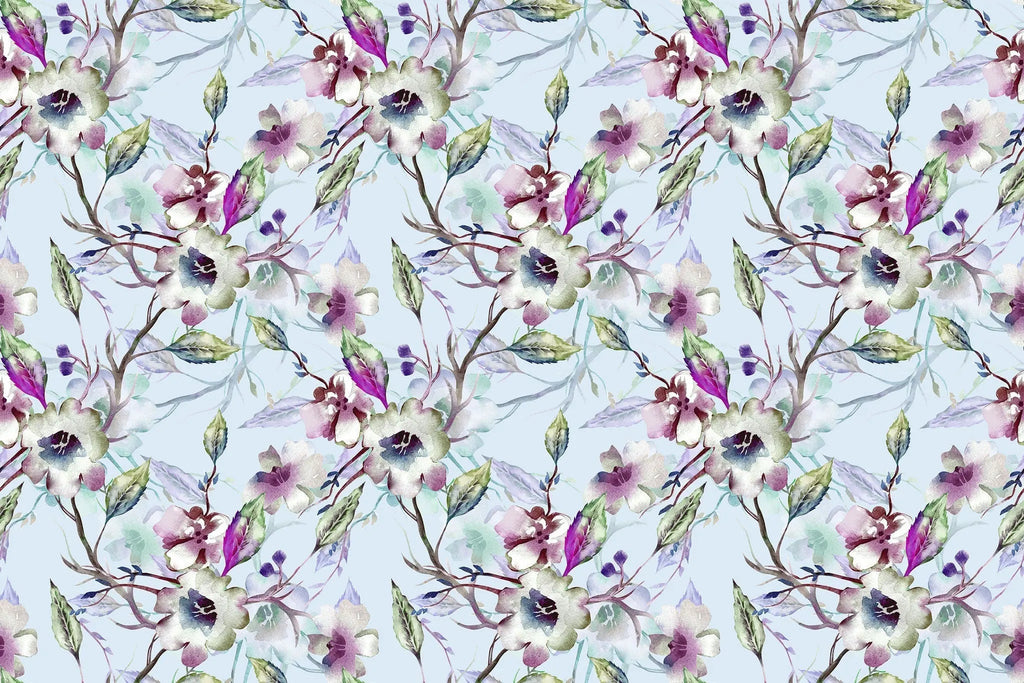 Tapet personalizat floral cu flori nocturne in nuante de mov pe un fundal albastru pal night flowers