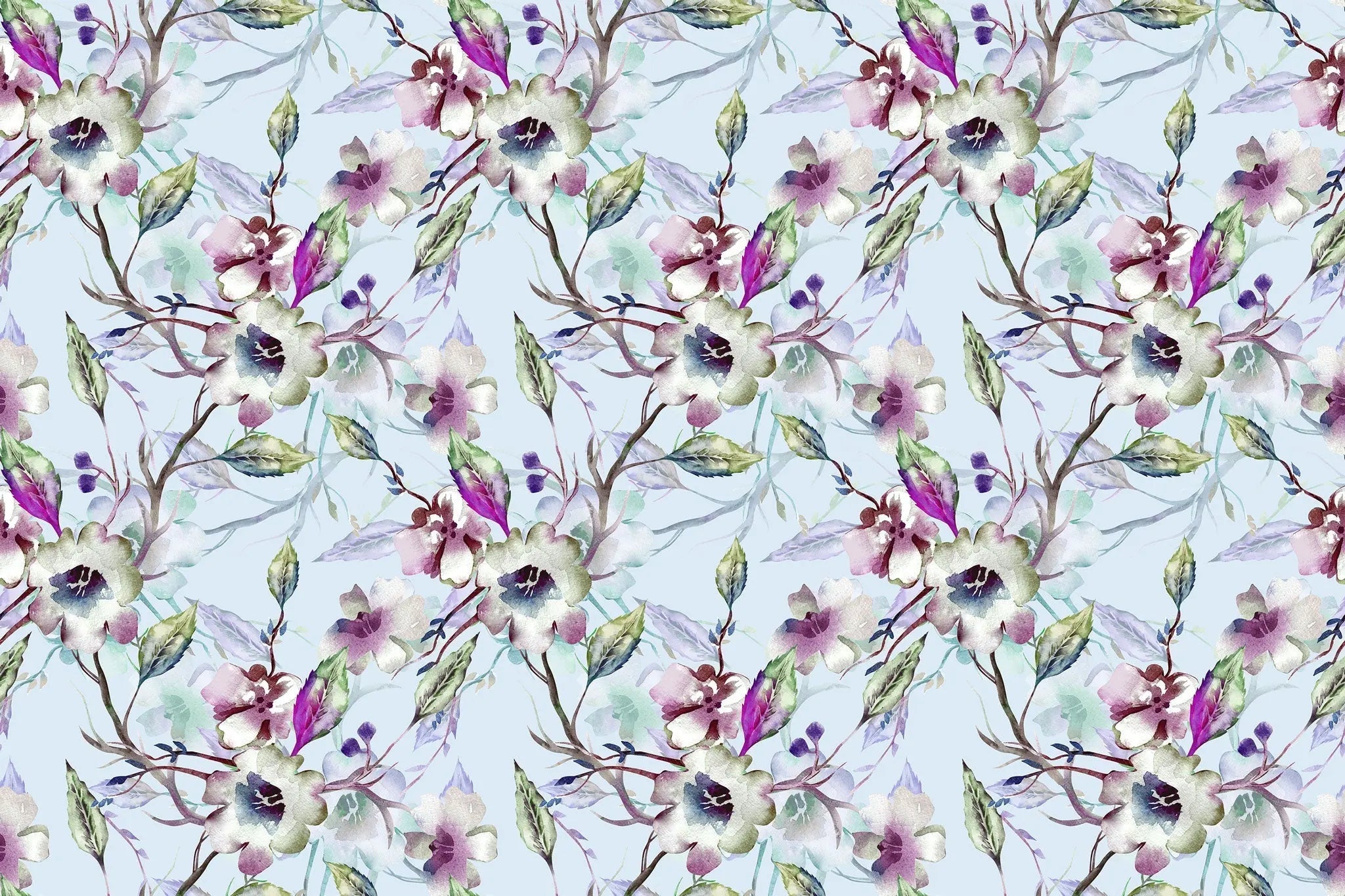 Tapet personalizat floral cu flori nocturne in nuante de mov pe un fundal albastru pal night flowers
