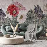 Tapet personalizat floral cu camp de flori de mac rosii si roz poppy field