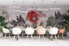 Tapet personalizat floral cu camp de flori de mac rosii si roz poppy field