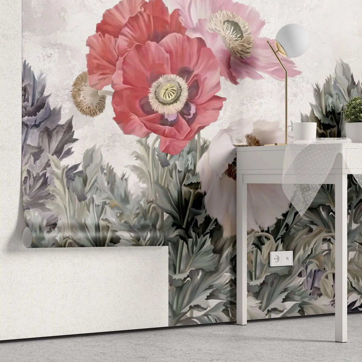 Tapet personalizat floral cu camp de flori de mac rosii si roz poppy field