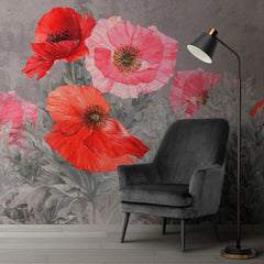 Tapet personalizat floral cu floare de mac pe perete texturat concrete poppy bloom