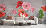Tapet personalizat floral cu floare de mac pe perete texturat concrete poppy bloom