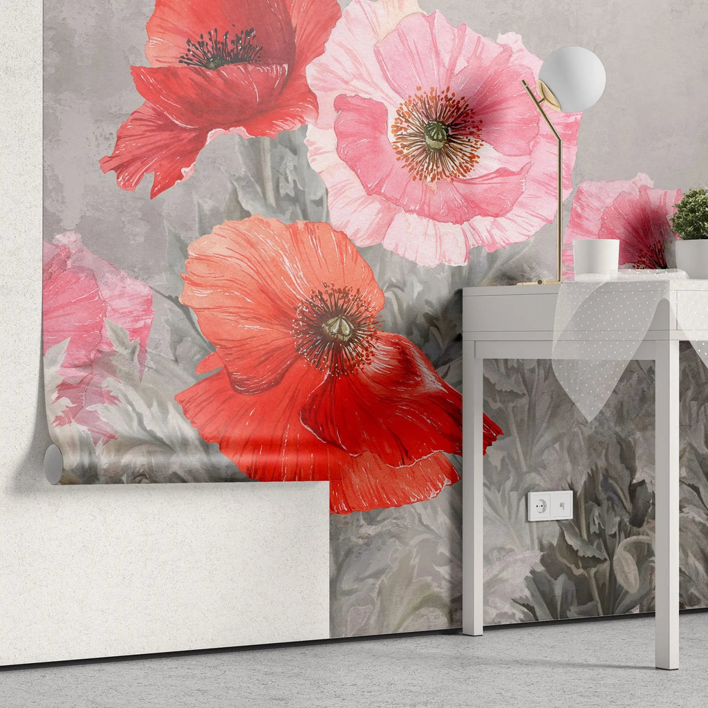 Tapet personalizat floral cu floare de mac pe perete texturat concrete poppy bloom