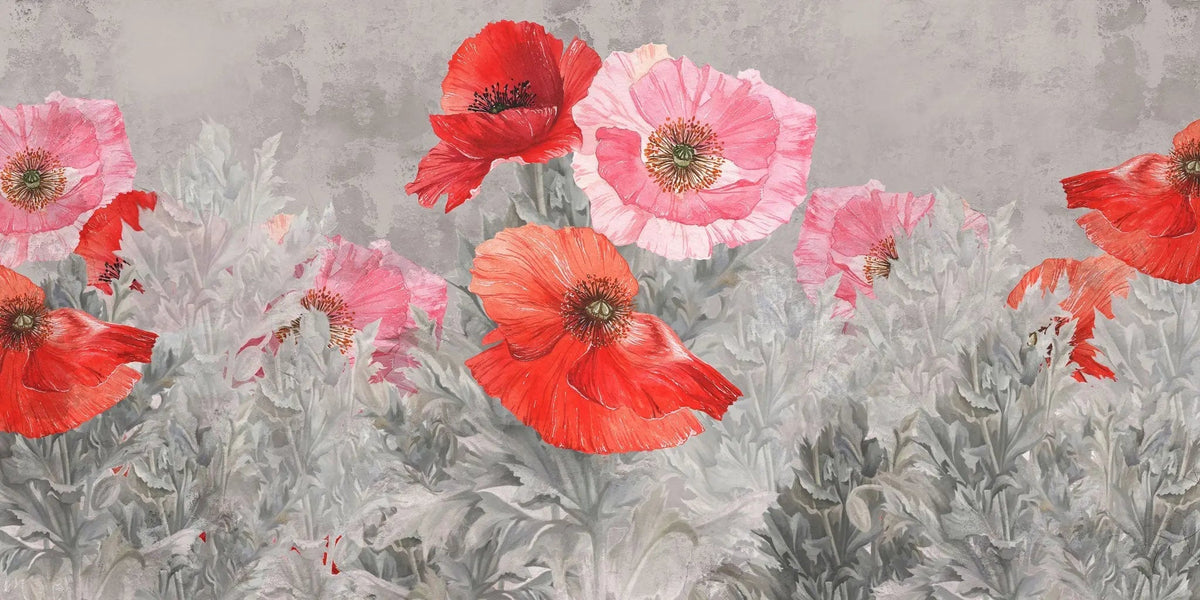Tapet personalizat floral cu floare de mac pe perete texturat concrete poppy bloom