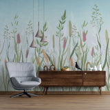 Tapet personalizat floral cu flori de camp si cer albastru serenity flower field