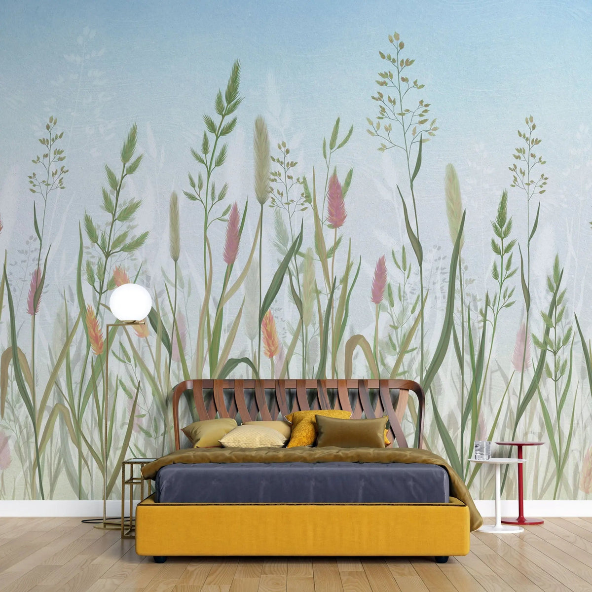 Tapet personalizat floral cu flori de camp si cer albastru serenity flower field