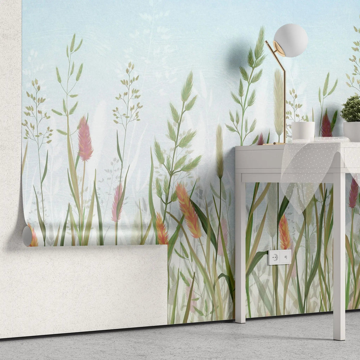 Tapet personalizat floral cu flori de camp si cer albastru serenity flower field