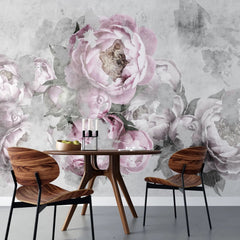 Tapet personalizat floral cu bujori rozalii pe un fundal de perete de beton concrete pink peony