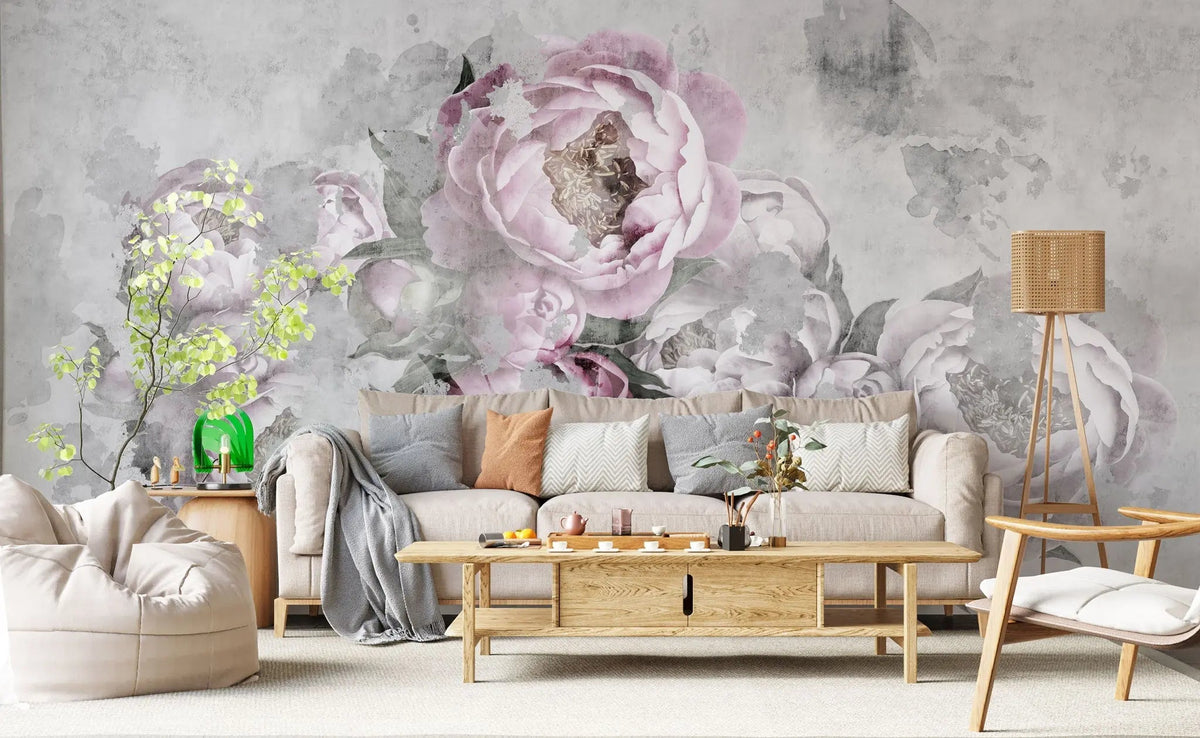 Tapet personalizat floral cu bujori rozalii pe un fundal de perete de beton concrete pink peony