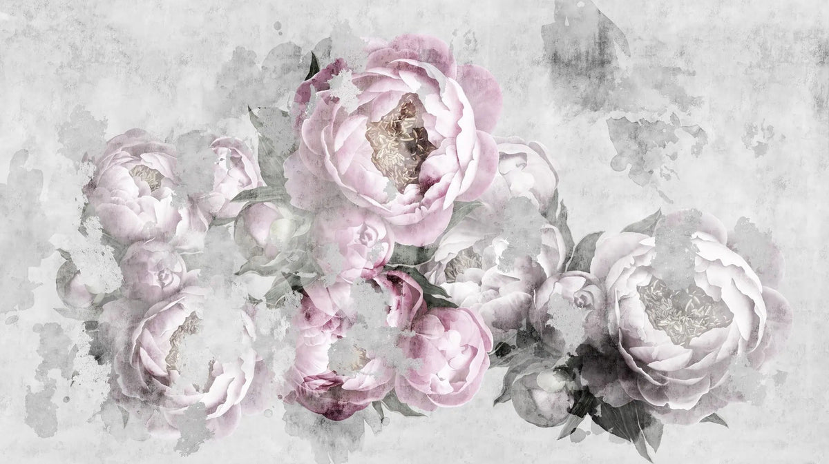 Tapet personalizat floral cu bujori rozalii pe un fundal de perete de beton concrete pink peony