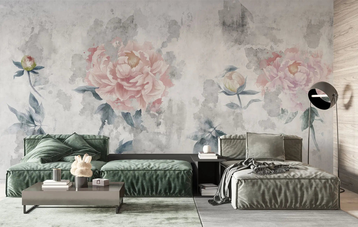 Tapet personalizat floral cu bujori infloriti pictati in pictura fada faded bloosom