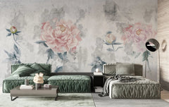 Tapet personalizat floral cu bujori infloriti pictati in pictura fada faded bloosom