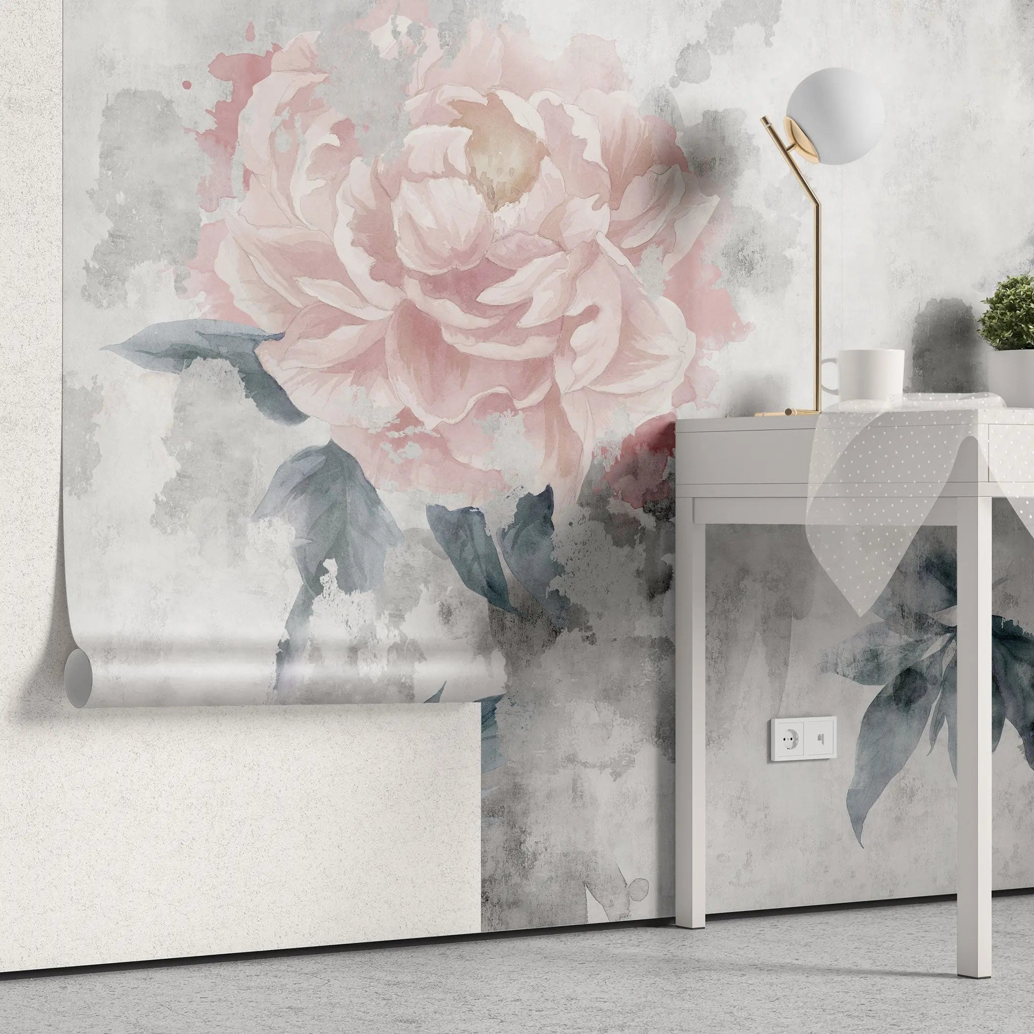 Tapet personalizat floral cu bujori infloriti pictati in pictura fada faded bloosom
