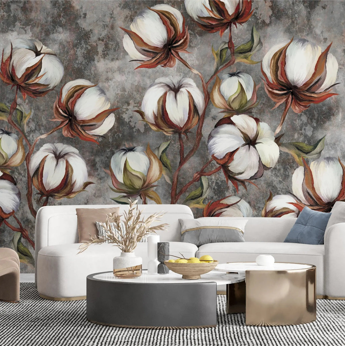 Tapet personalizat floral cu flori de bumbac pe un fundal inchis de beton concrete cotton flowers