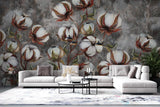 Tapet personalizat floral cu flori de bumbac pe un fundal inchis de beton concrete cotton flowers