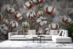 Tapet personalizat floral cu flori de bumbac pe un fundal inchis de beton concrete cotton flowers