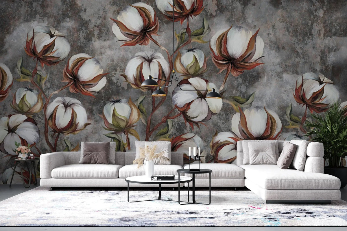 Tapet personalizat floral cu flori de bumbac pe un fundal inchis de beton concrete cotton flowers
