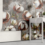 Tapet personalizat floral cu flori de bumbac pe un fundal inchis de beton concrete cotton flowers