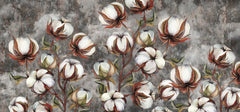 Tapet personalizat floral cu flori de bumbac pe un fundal inchis de beton concrete cotton flowers