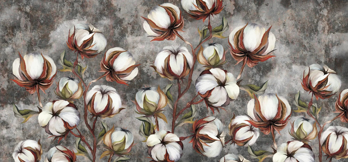 Tapet personalizat floral cu flori de bumbac pe un fundal inchis de beton concrete cotton flowers