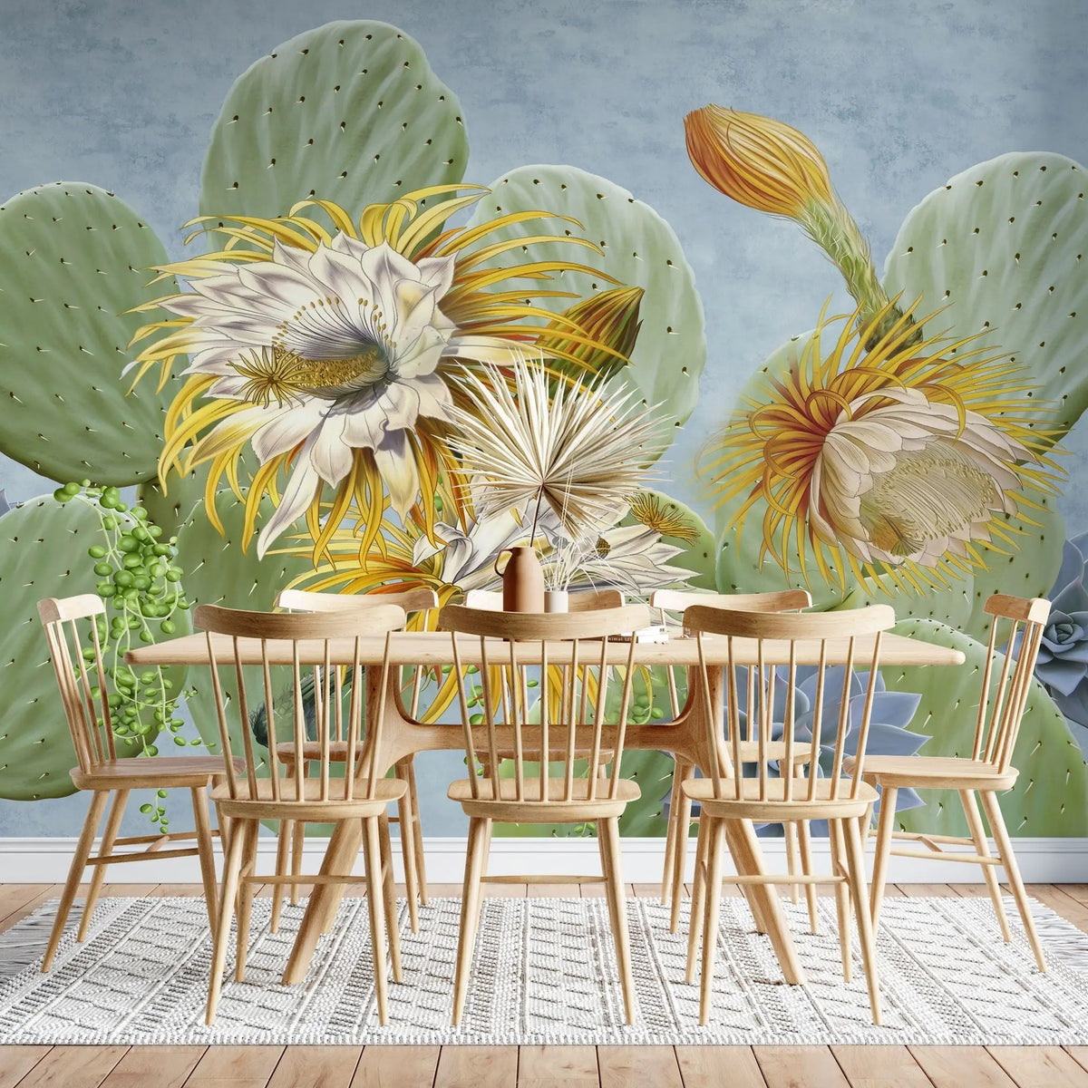Tapet personalizat floral cu cactusi infloriti si suculente pe un fundal albastru cactus blooming