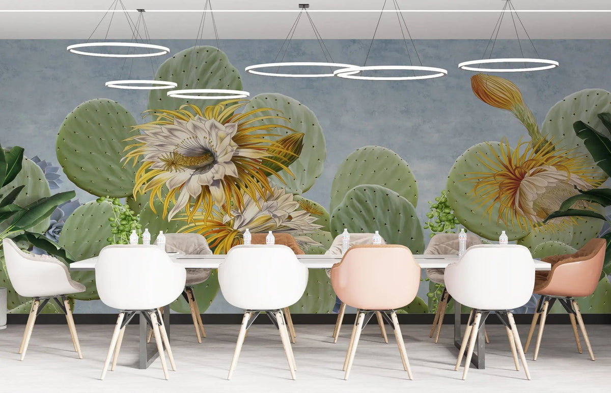 Tapet personalizat floral cu cactusi infloriti si suculente pe un fundal albastru cactus blooming