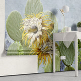 Tapet personalizat floral cu cactusi infloriti si suculente pe un fundal albastru cactus blooming