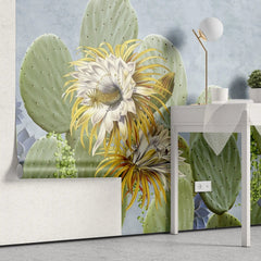Tapet personalizat floral cu cactusi infloriti si suculente pe un fundal albastru cactus blooming