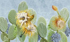 Tapet personalizat floral cu cactusi infloriti si suculente pe un fundal albastru cactus blooming