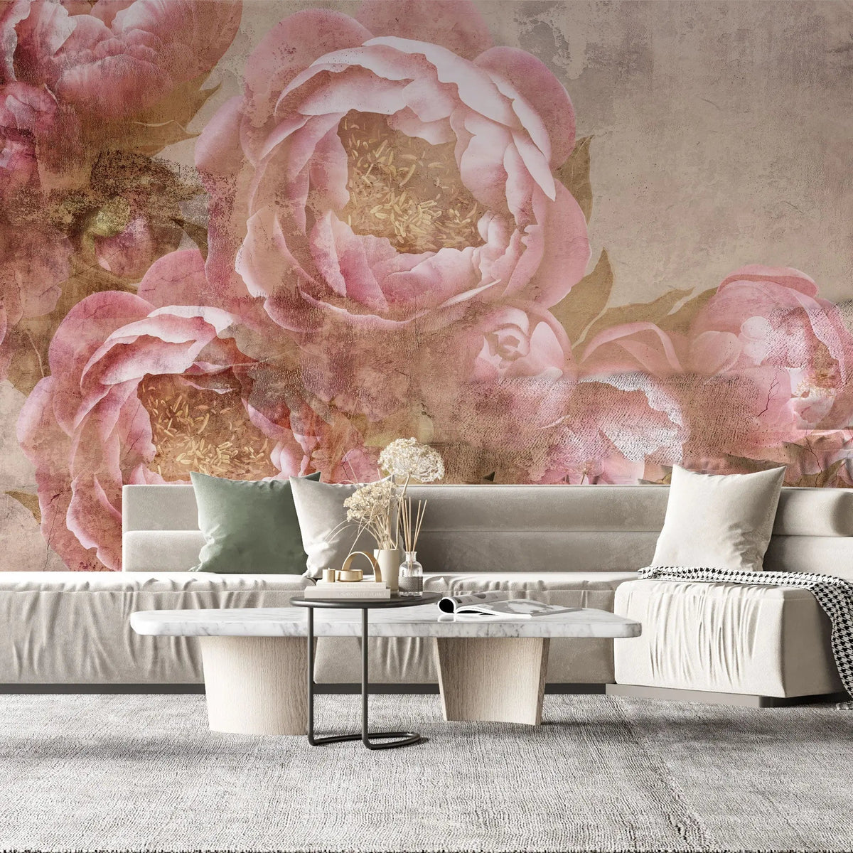 Tapet personalizat floral cu flori de bujori venetieni roz venetian peonies