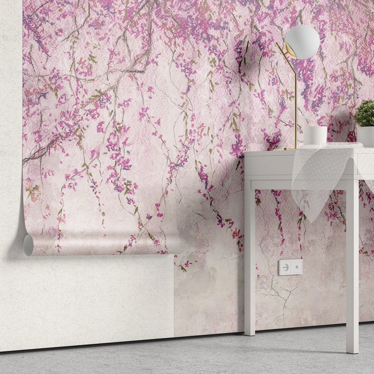 Tapet personalizat floral cu flori de wisteria in nuante de mov purple wistera