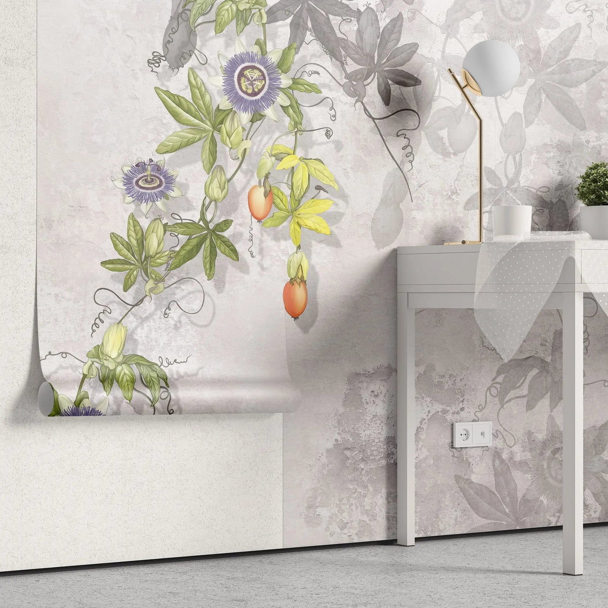 Tapet personalizat floral cu maces inflorit pe un fundal deschis bloomed rosehip light