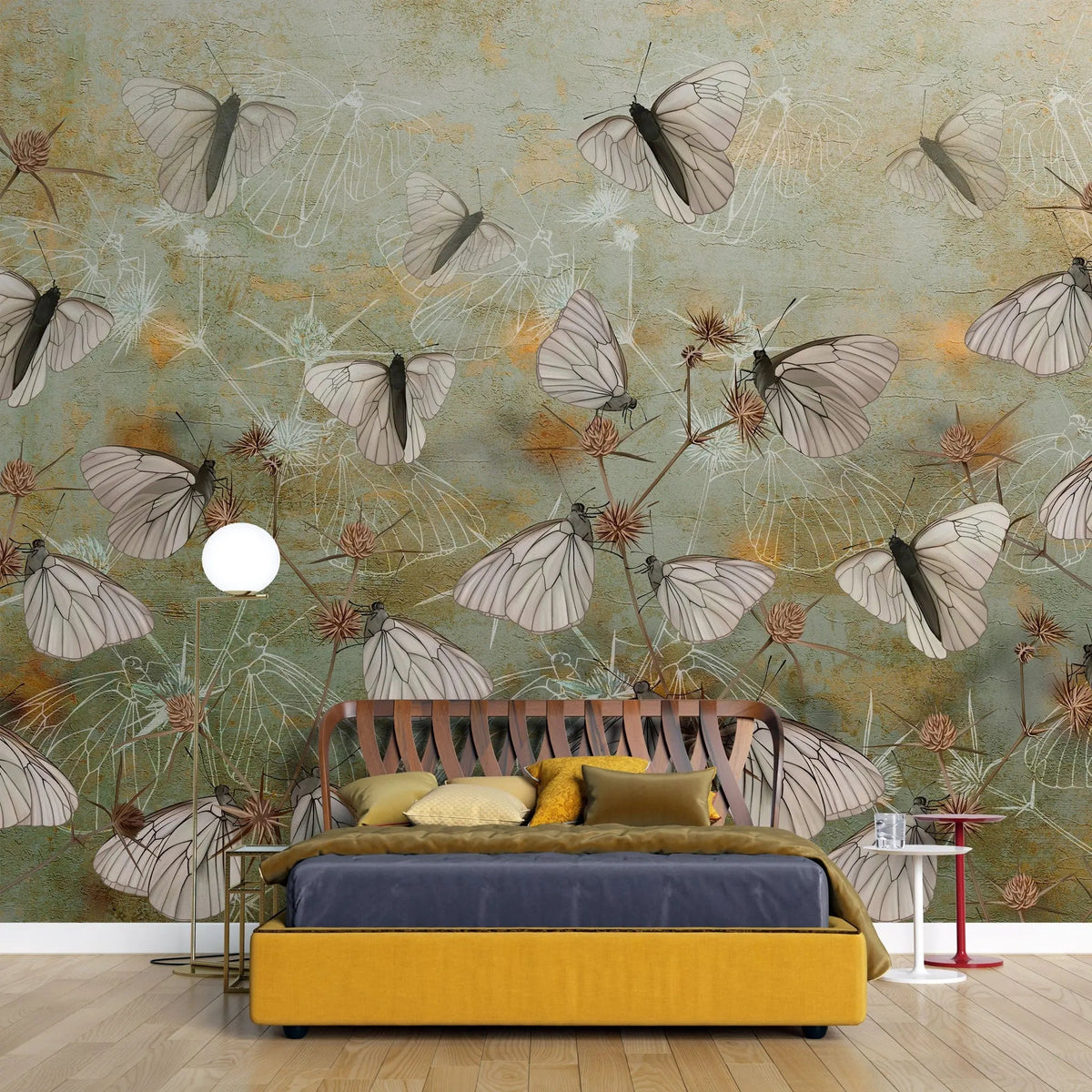 Tapet personalizat floral cu ciulini si fluturi thistle butterflies