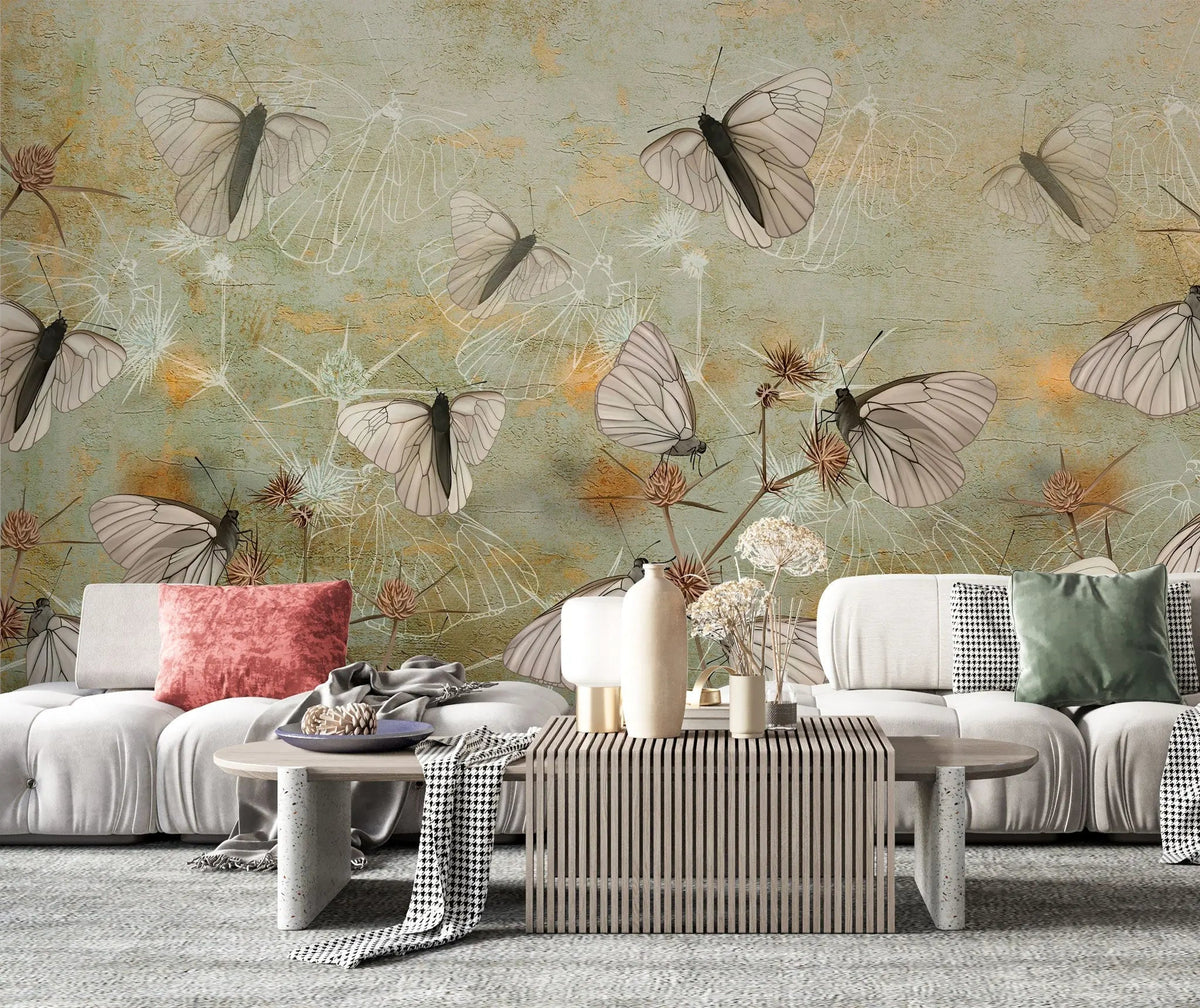 Tapet personalizat floral cu ciulini si fluturi thistle butterflies