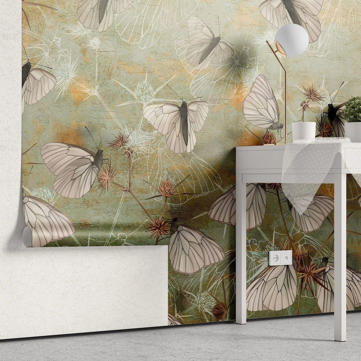 Tapet personalizat floral cu ciulini si fluturi thistle butterflies