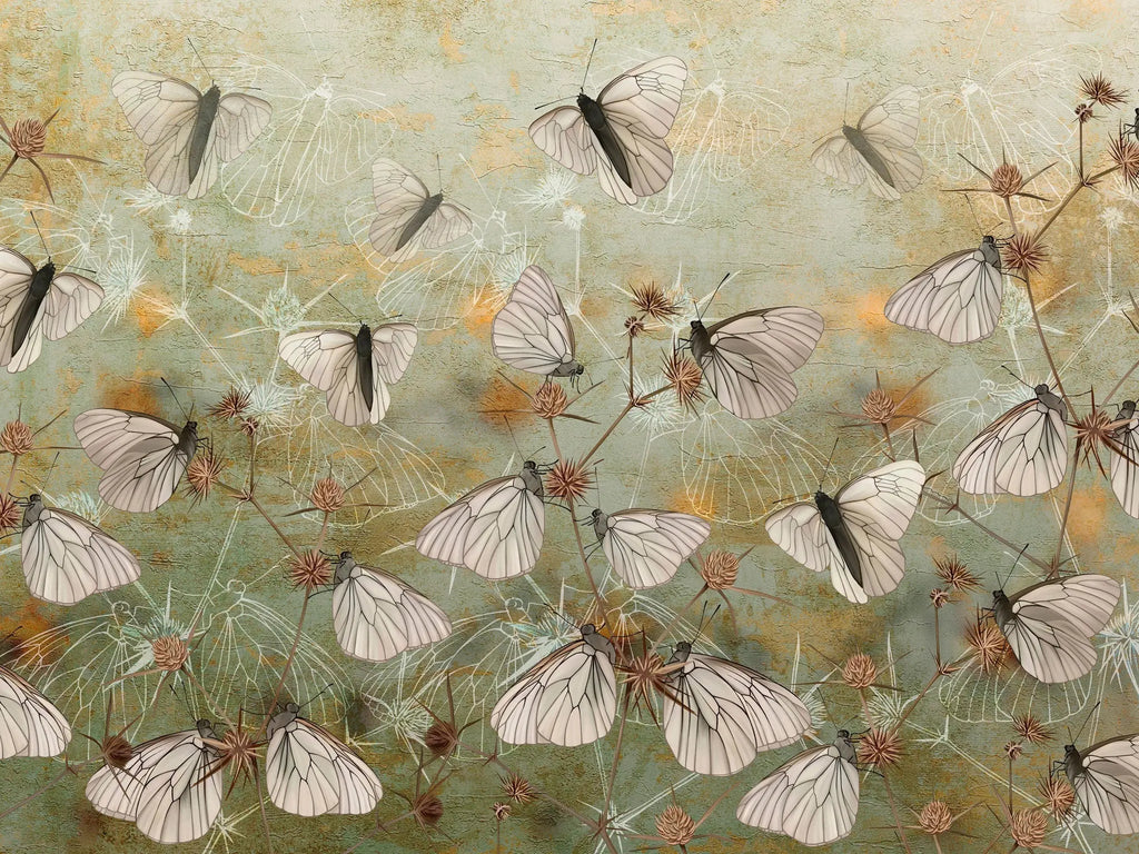 Tapet personalizat floral cu ciulini si fluturi thistle butterflies