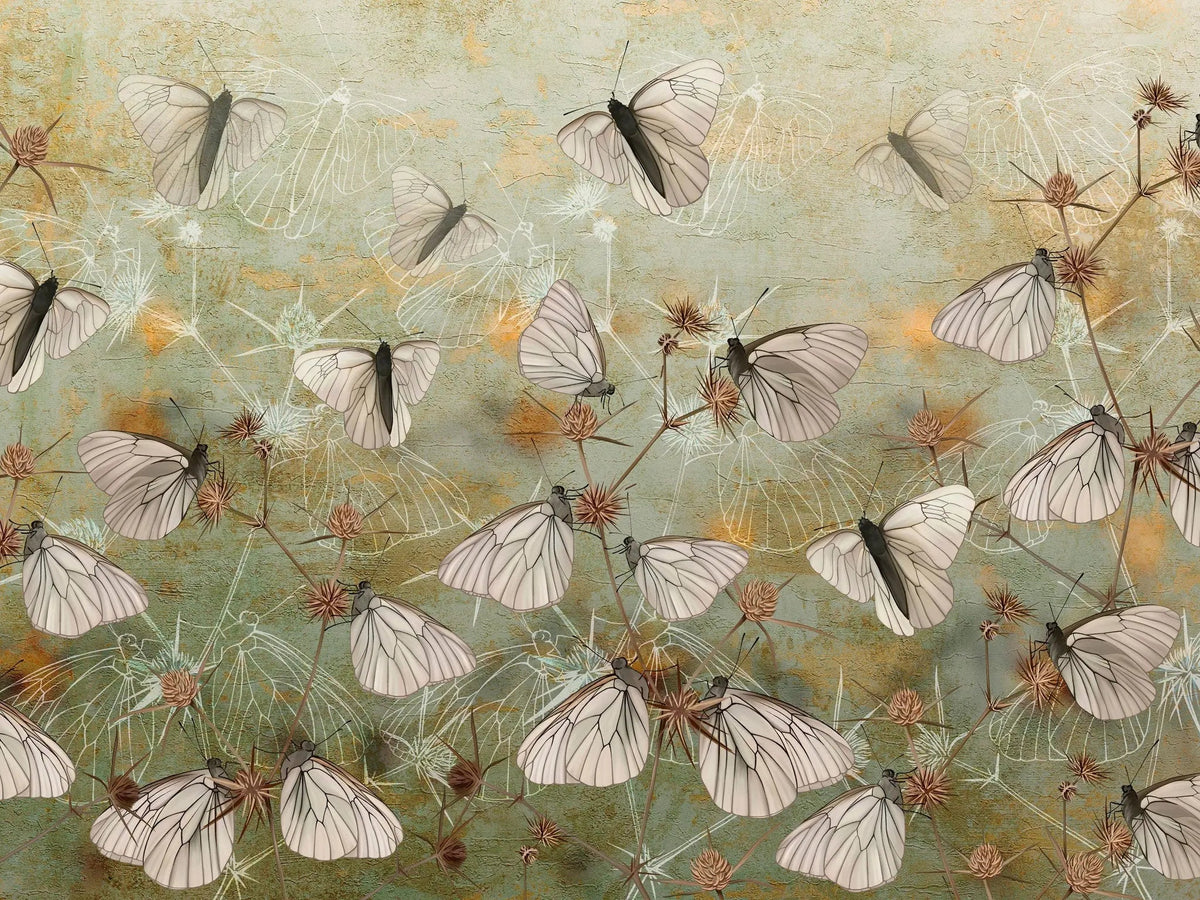 Tapet personalizat floral cu ciulini si fluturi thistle butterflies