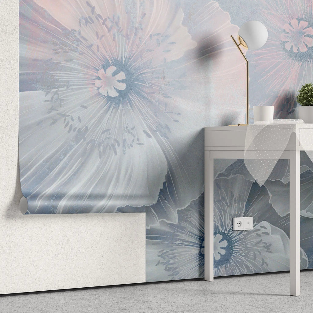 Tapet personalizat floral cu flori in pastel albastru pastel bloom