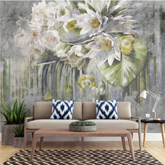 Fototapet personalizat floral cu flori de lotus pe un fundal de beton texturat concrete lotus