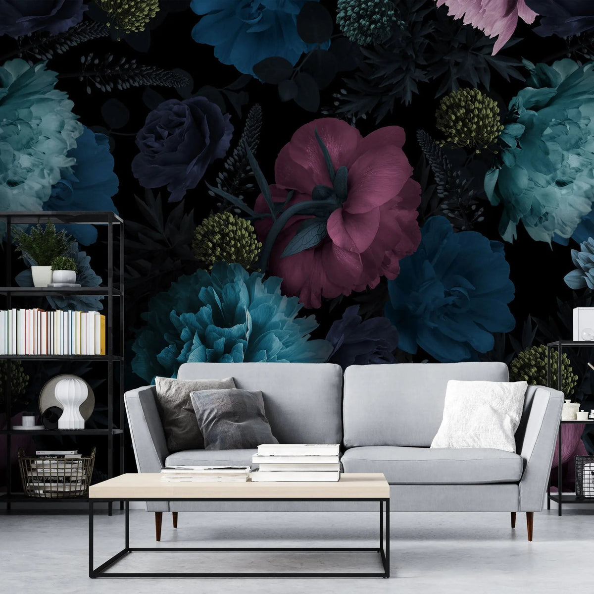 Tapet personalizat floral cu flori nocturne in nuante vivide night bloom