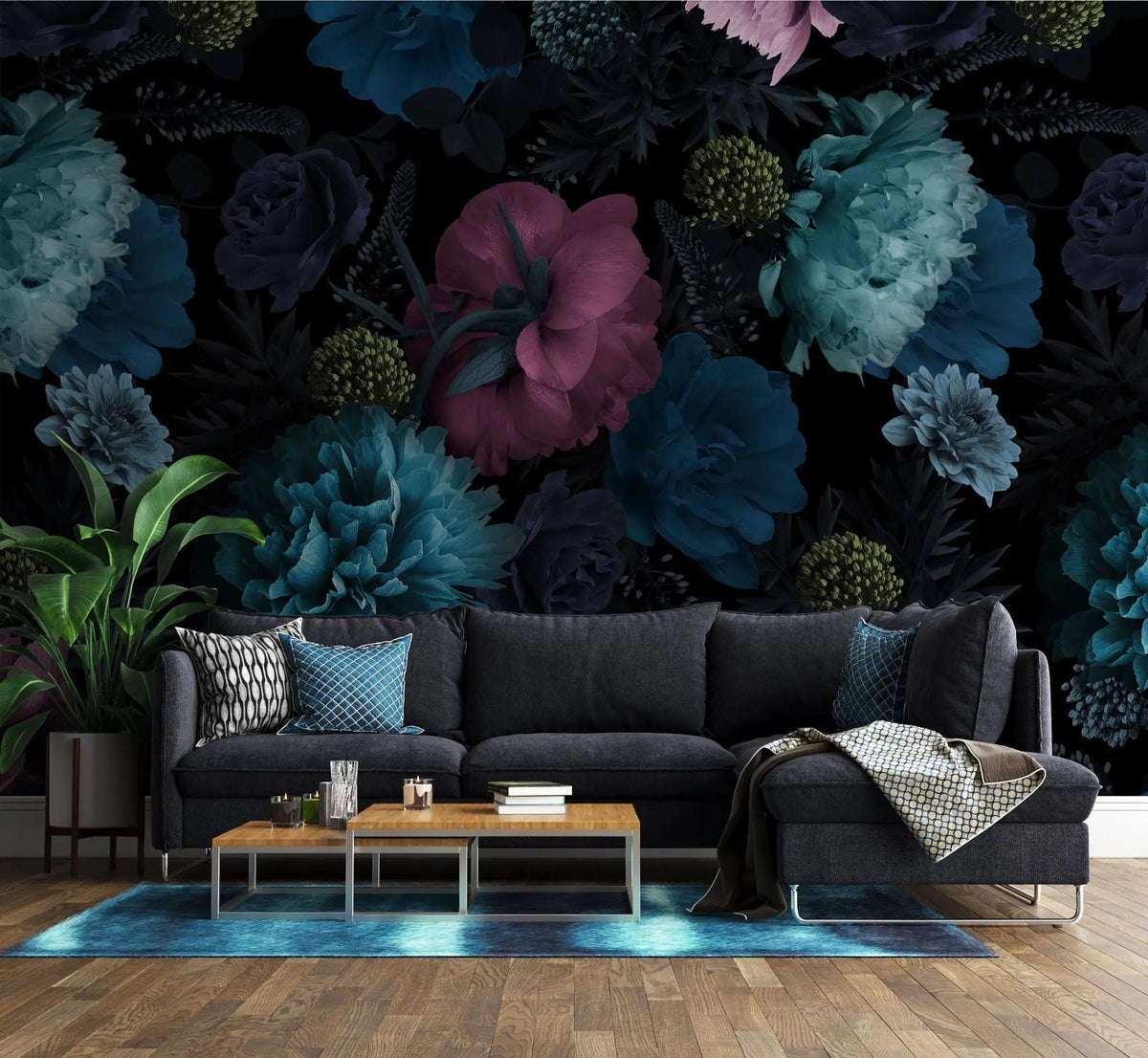 Tapet personalizat floral cu flori nocturne in nuante vivide night bloom