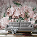 Tapet personalizat floral cu bujori rozalii pe fundal texturat de perete crapat blush peonies