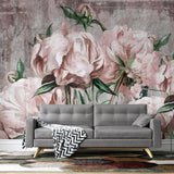 Tapet personalizat floral cu bujori rozalii pe fundal texturat de perete crapat blush peonies