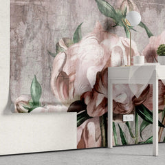 Tapet personalizat floral cu bujori rozalii pe fundal texturat de perete crapat blush peonies
