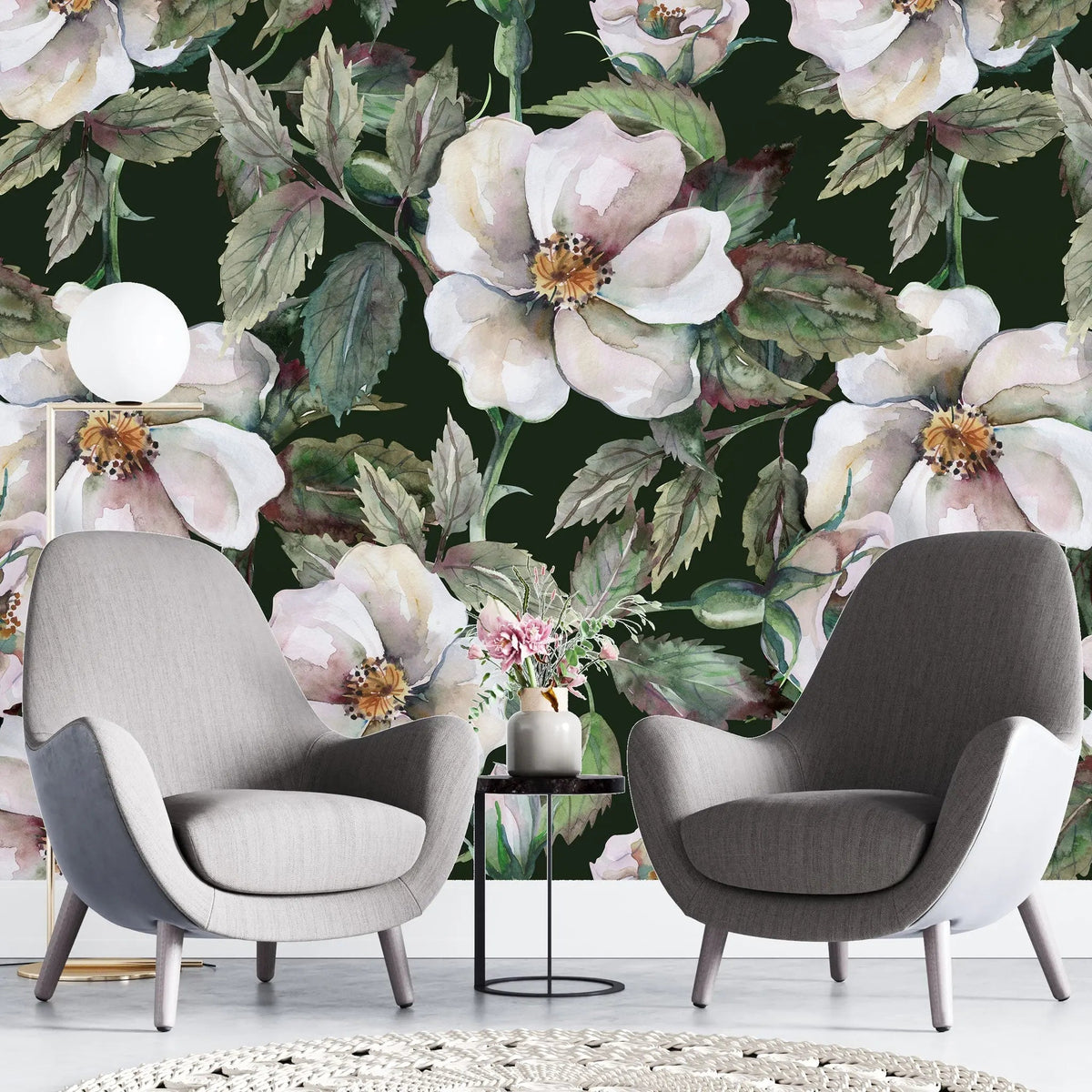 Tapet personalizat floral cu trandafiri salbatici pe fundal negru wild roses dark